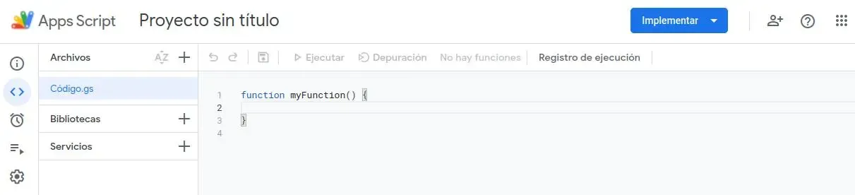 Interfaz inicial del editor Apps Script