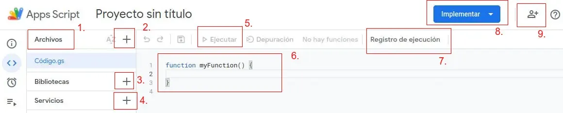 Vista principal del editor Apps Script con sus elementos principales resaltados
