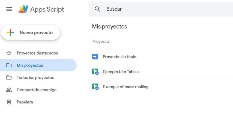 Sección de la interfaz Apps Script con el boton Nuevo Proyecto
